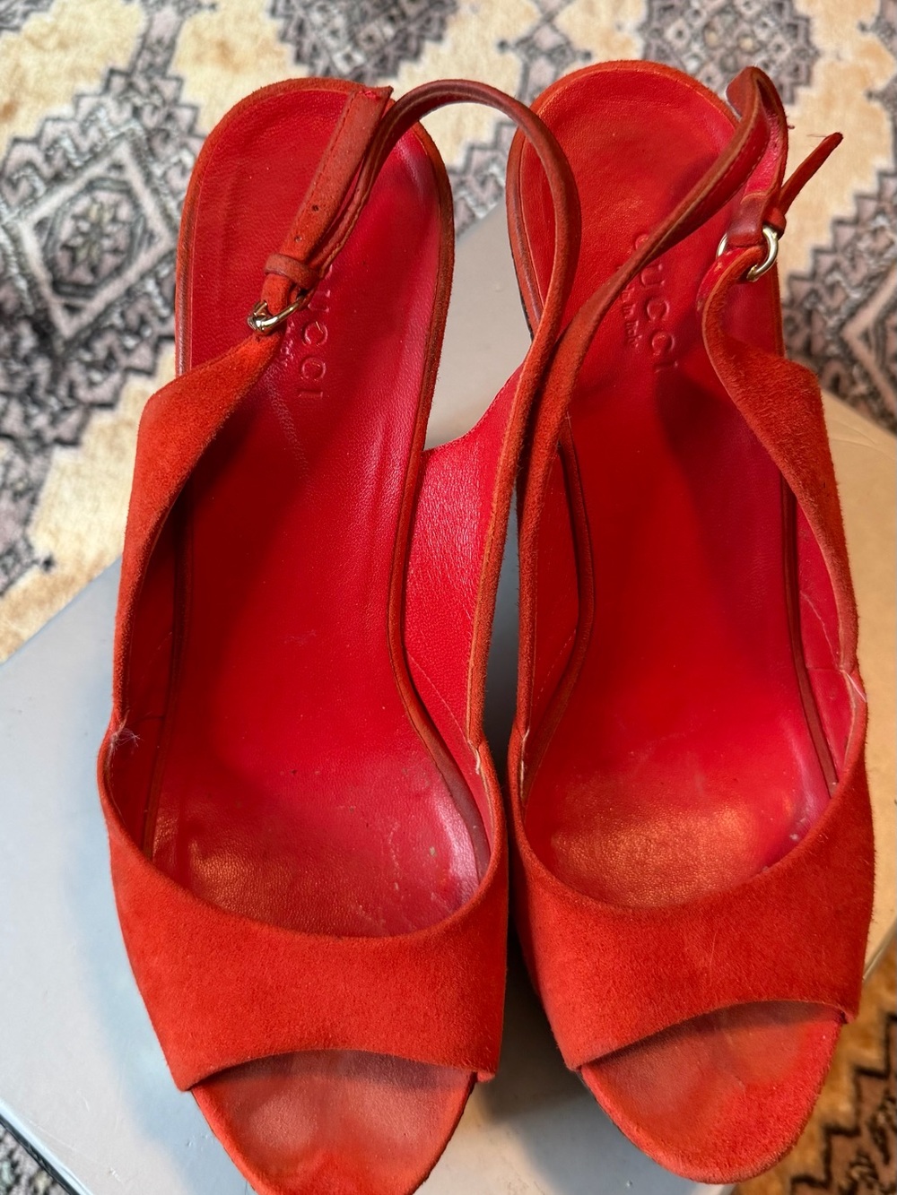 Gucci Red Suede Slingback Peep-Toe Mules